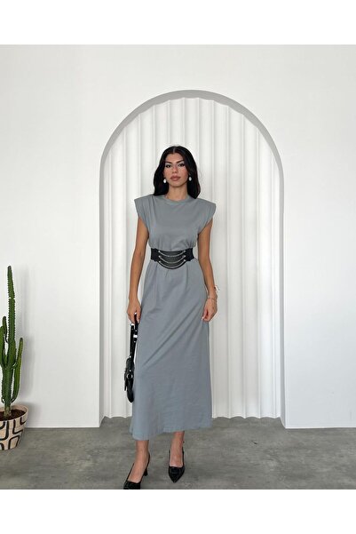 HARMONY GLOBAL Maxi Length Grey Combed Βαμβακερό Φόρεμα - Επενδεδυμένο και Αμάνικο 10.207