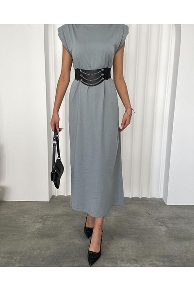 HARMONY GLOBAL Maxi Length Grey Combed Βαμβακερό Φόρεμα - Επενδεδυμένο και Αμάνικο 10.207