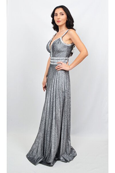 ALİS DRESS Kadın Beli Ve Omuzu Taş Işlemeli Pilise Etekli Gümüş Abiye