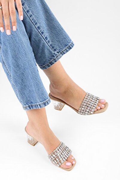 Shoeberry Lue Women's Stoned Straw Transparent Heeled Slippers