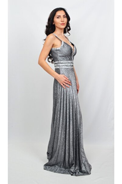 ALİS DRESS Kadın Beli Ve Omuzu Taş Işlemeli Pilise Etekli Gümüş Abiye