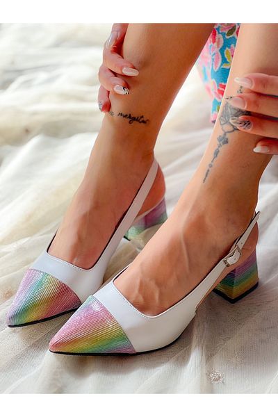 irmona Si̇ndi̇rella White Leather Colored Silvery Heeled Sandals Shoes