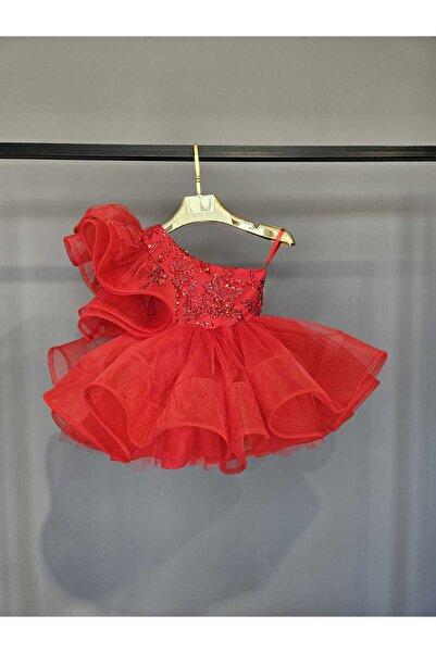 SCSTİL TEK OMUZ GERNLİ BONCUKLU KIRMIZI ELBİSE