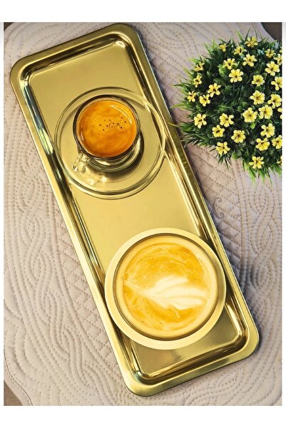 stilsenin34 Dikdörtgen Gold Altın Renk Kahve Pasta Servis Sunum Tepsisi 1 Adet(33x13cm)