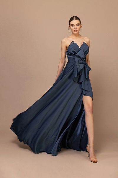 Kenzel Strapless Collar and Bow Detail Slit Long Dress