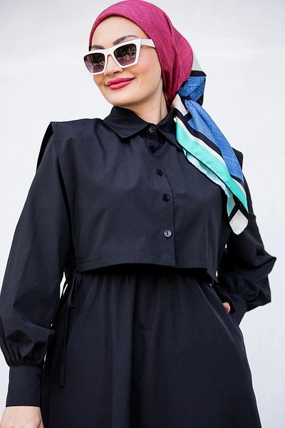 Swana Hijab Clothing Black Double Dress with Pocket Detail