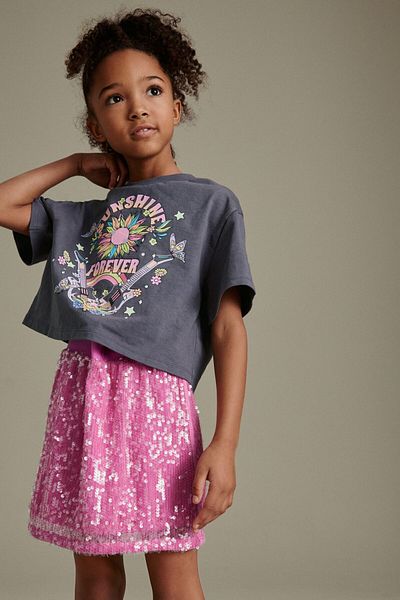 Next Baby Pink Gray Floral Patterned Thsirt and Sequined Skirt Set