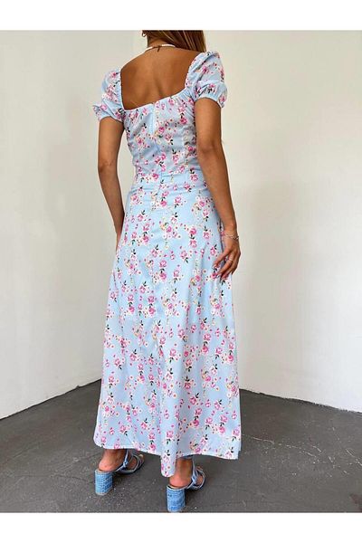 MsLena Butik Rochie lungă pentru femei - mânecă scurtă pepene verde, cravată la piept, fante și căptușeală Mi380-5039