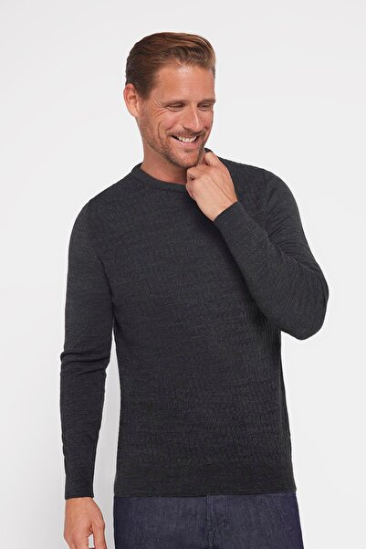 Tudors Slim Fit Crew Neck Self-Patterned Anthracite Men's Knitwear Sweater