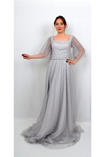 ALİS DRESS Kadın Gri Kare Sim Detaylı Abiye