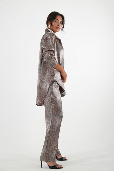 ABBRA Leopard Patterned Women's Shirt Set - 100% Cotton Shiny