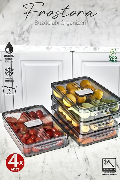 Eva Mia 4x Pieces Smoked 3 Lt Frostora Refrigerator Organizer with Lid - Storage and Organizer Food Container