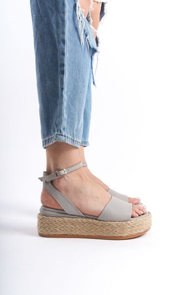 INNTRO Riva GRAY Women's Genuine Leather Straw Wedge Sandals
