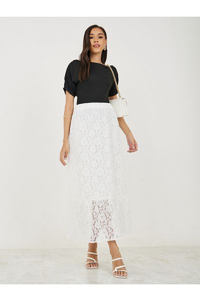 Styli Lace Insert Maxi Skirt with Elastic Waistband