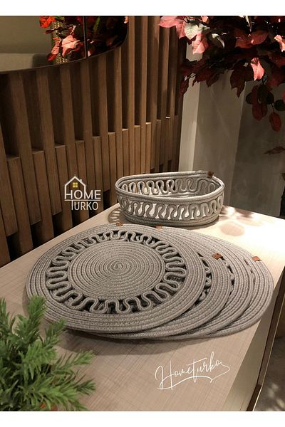 HomeTurko Natural, iută, răchită, farfurie, coș, coș de pâine, set de serviciu american, 4 farfurii, 1 coș