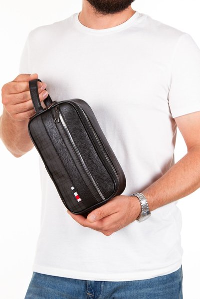 Newish Plaid Detailed Shaving Travel Portfolio Handbag Black