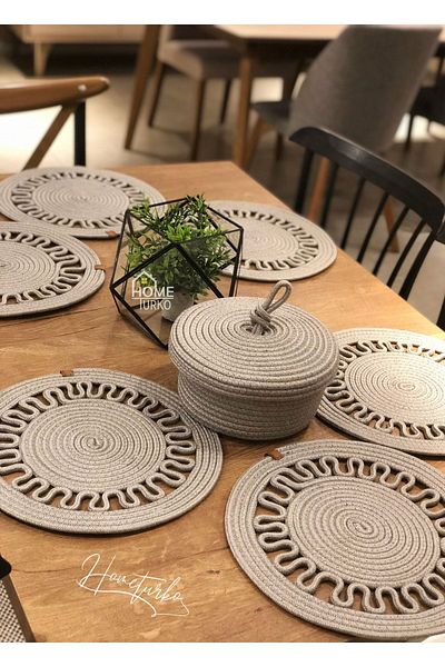 HomeTurko 6 Pieces of Tableware, 1 Piece of Bread Basket, Jute Plate, Placemat, Plate, Bread Basket