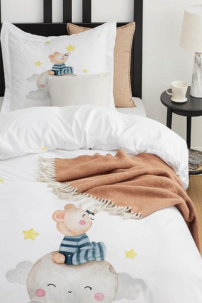 Else Dekor Sleepy Bear Sitting on the Moon Patterned Single Children's Duvet Cover Set Without Sheets