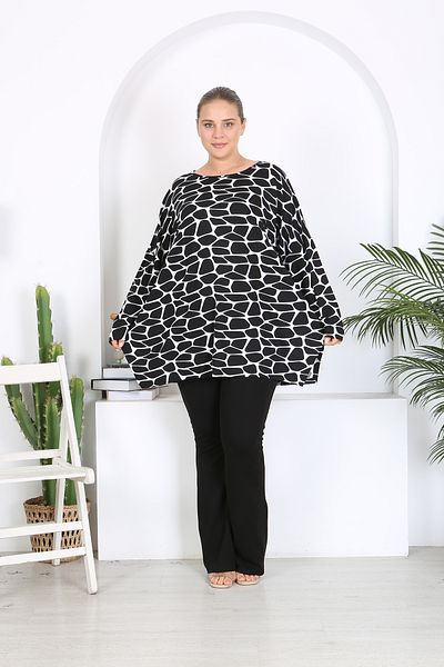 XL Modam xlmodam Large Size Black and White Patterned Lycra Tunic - Long Sleeve