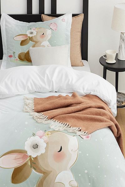Else Dekor Rabbit and Butterfly Animal Patterned Single Children's Duvet Cover Set Without Sheets
