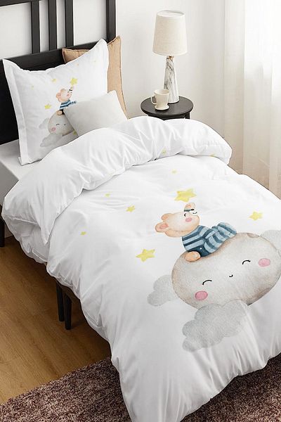 Else Dekor Sleepy Bear Sitting on the Moon Patterned Single Children's Duvet Cover Set Without Sheets