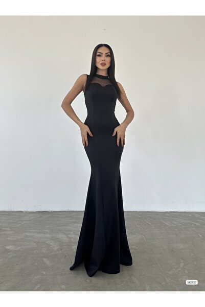 WoolnClyde Kadın Siyah Göğüs Payetli Tül File Detaylı Şeritli Maxi Boy Balık ...