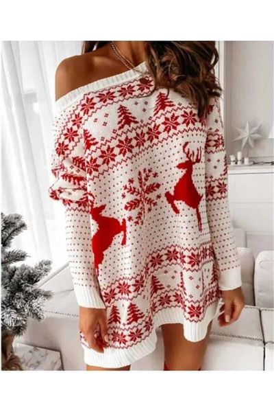 SolQ Jacquard Knitted New Year's Patterned Mini Knitwear Sweater-Dress