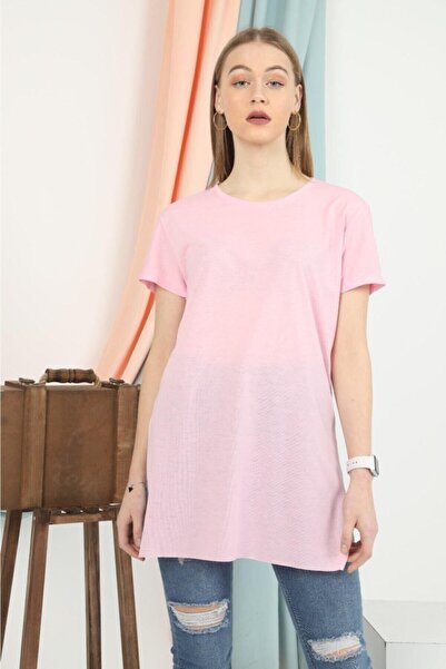 WoolnClyde Γυναικείο μακρύ μπλουζάκι με λαιμόκοψη, απλό ροζ, με σκισίματα στο...