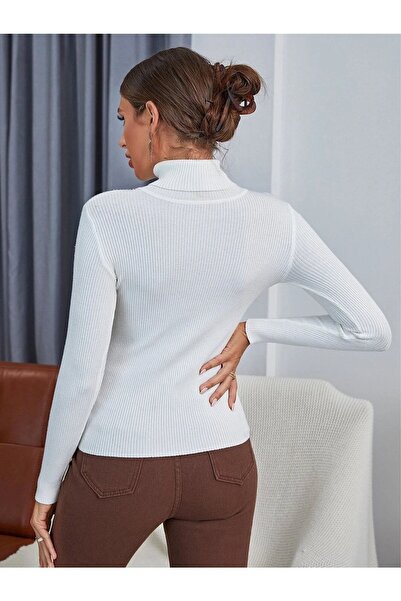 HANCLO Pulover de bumbac alb cu guler roscat, cu nervuri, slimfit