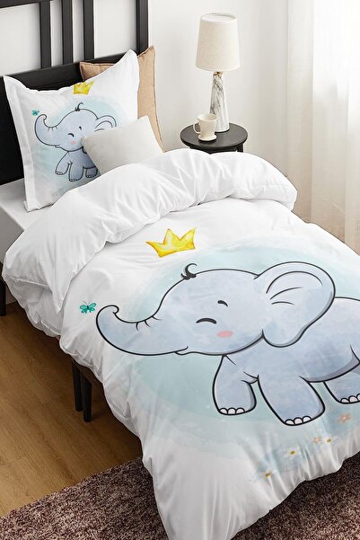 Else Halı Kral Taçlı Mavi Filli Desenli Çarşafsız Tek Kişilik Çocuk Nevresim ...