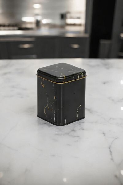 EVLE Ef022-50 Marble Black Patterned Square Metal Storage Container 11x11 Cm