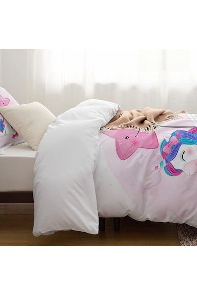 Else Dekor Pink Star Unicorn Patterned Single Children's Duvet Cover Set Without Sheets