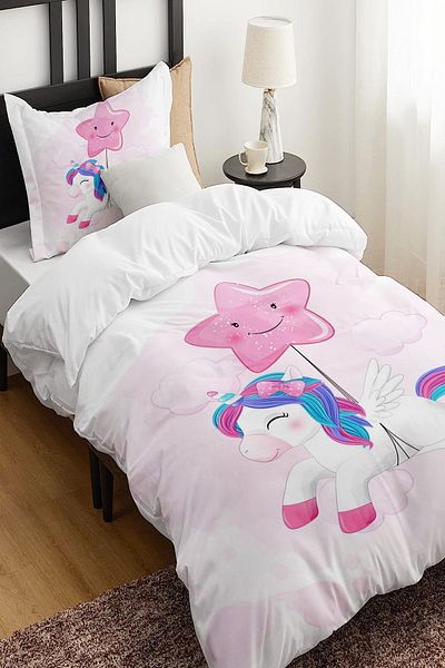 Else Dekor Pink Star Unicorn Patterned Single Children's Duvet Cover Set Without Sheets