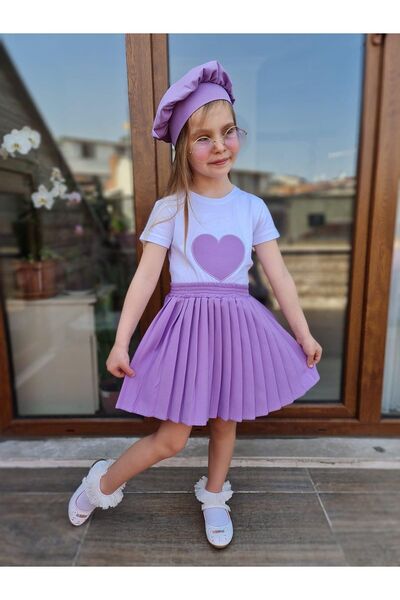 ARBİ kids Tricou elegant din lycra pentru fete, fustă plisată și pălărie de pictor - combinație de trei piese
