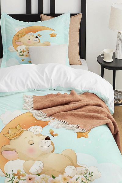 Else Dekor Moon Sleeping Bear Patterned Single Children's Duvet Cover Set Without Sheets