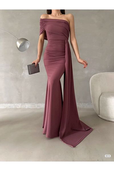 WoolnClyde Women's Powder Madonna Collar Single Short Sleeve Tail Detailed Maxi Length Drape Gathered Long Evening Dress