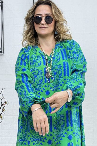 yagmurberen BOYDAN BUTTONED SLEEVES MOUTHS RUBBERED PATTERNED 100% LARGE SIZE VISKOSE DRESS
