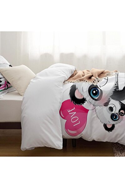 Else Halı Love Yazılı Bisikletli Panda Desenli Çarşafsız Tek Kişilik Çocuk Nevresim Takımı