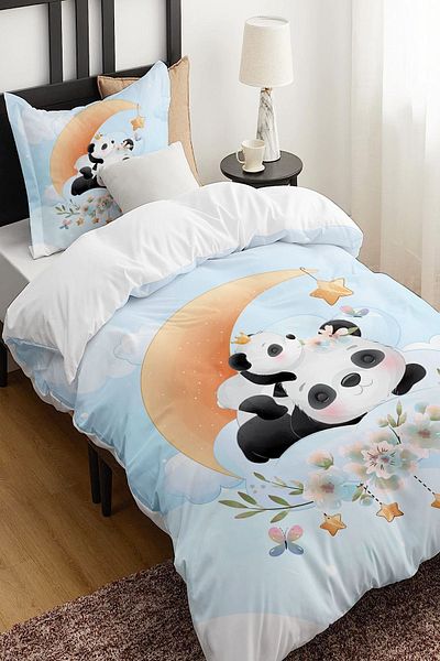 Else Dekor طقم غطاء لحاف فردي للأطفال بدون ملاءات منقوشة من Pandas Sleeping on the Moon