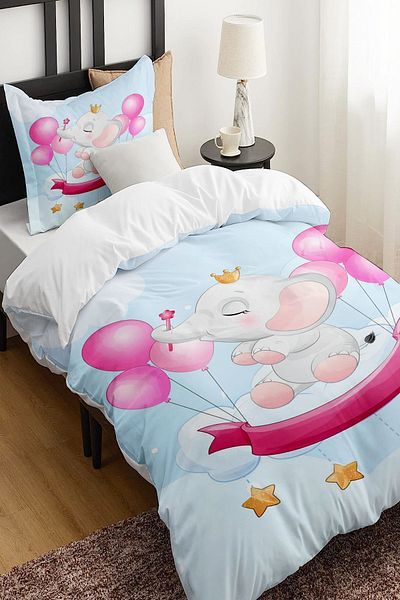 Else Dekor Pink Elephant Balloons Patterned Single Children's Duvet Cover Set Without Sheets