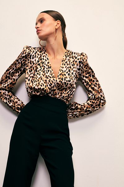 Sateen Double Breasted Leopard Patterned Bodysuit Blouse - Black-brown
