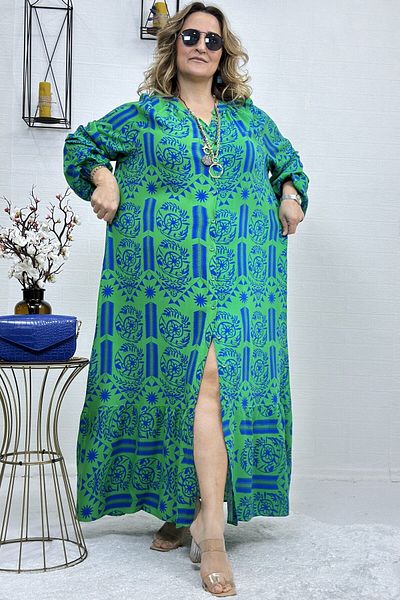 yagmurberen BOYDAN BUTTONED SLEEVES MOUTHS RUBBERED PATTERNED 100% LARGE SIZE VISKOSE DRESS