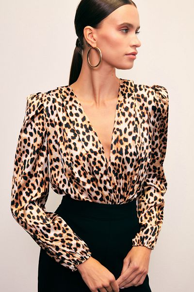 Sateen Double Breasted Leopard Patterned Bodysuit Blouse - Black-brown