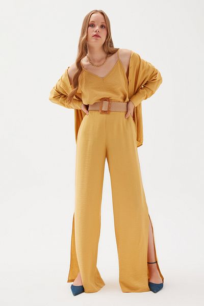 Sateen Slit Linen Trousers - Yellow