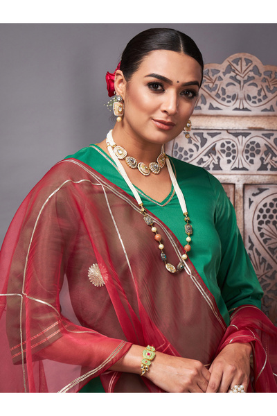 Sassafras By Styli Lace Trim Detail Kurta and Straight Leg Pant with Organza Dupatta Set