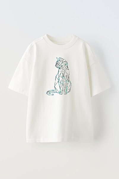 THEWERT Bela Plava mačka Crtež Štampano Pamuk Unisex Oversize kroj T-shirt