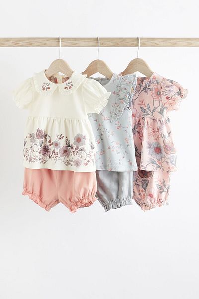 Next Baby Pink Floral Patterned 100 Cotton Short Sleeve Shorts Set - Set of 3