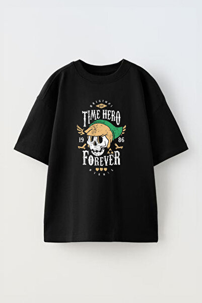 THEWERT Unisex Time Hero Forever Štampano Pamuk Crna Oversize kroj T-shirt