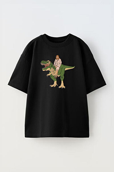 THEWERT Unisex dinosaurus koji jaše čoveka Štampano crna Pamuk Oversize kroj ...