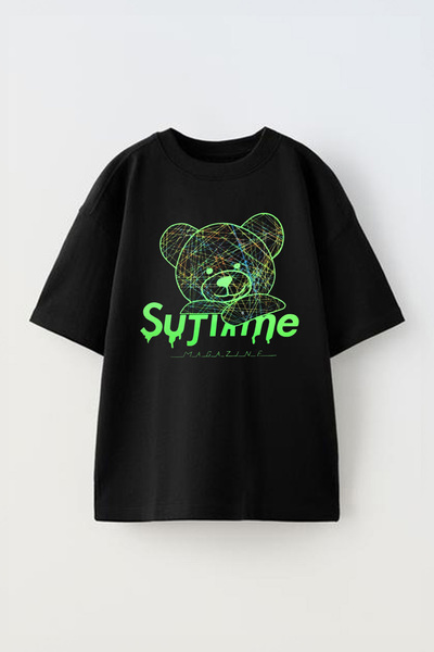 THEWERT Suntaime Magazin Medved Sa deznom Crni Pamuk Oversize kroj T-shirt - ...